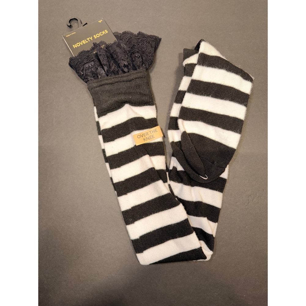 Everything Legwear Black White Striped Lace Trim Over The Knee Socks Halloween
